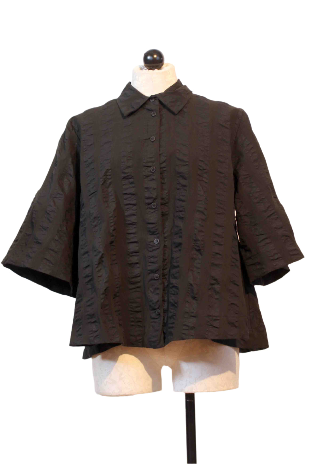 Black Crinkle Stripe Flared Short Sleeve Blouse by Baci