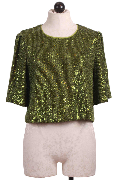 Green Sparkle Sequined Cropped Flutter Sleeve Top by Traffic People