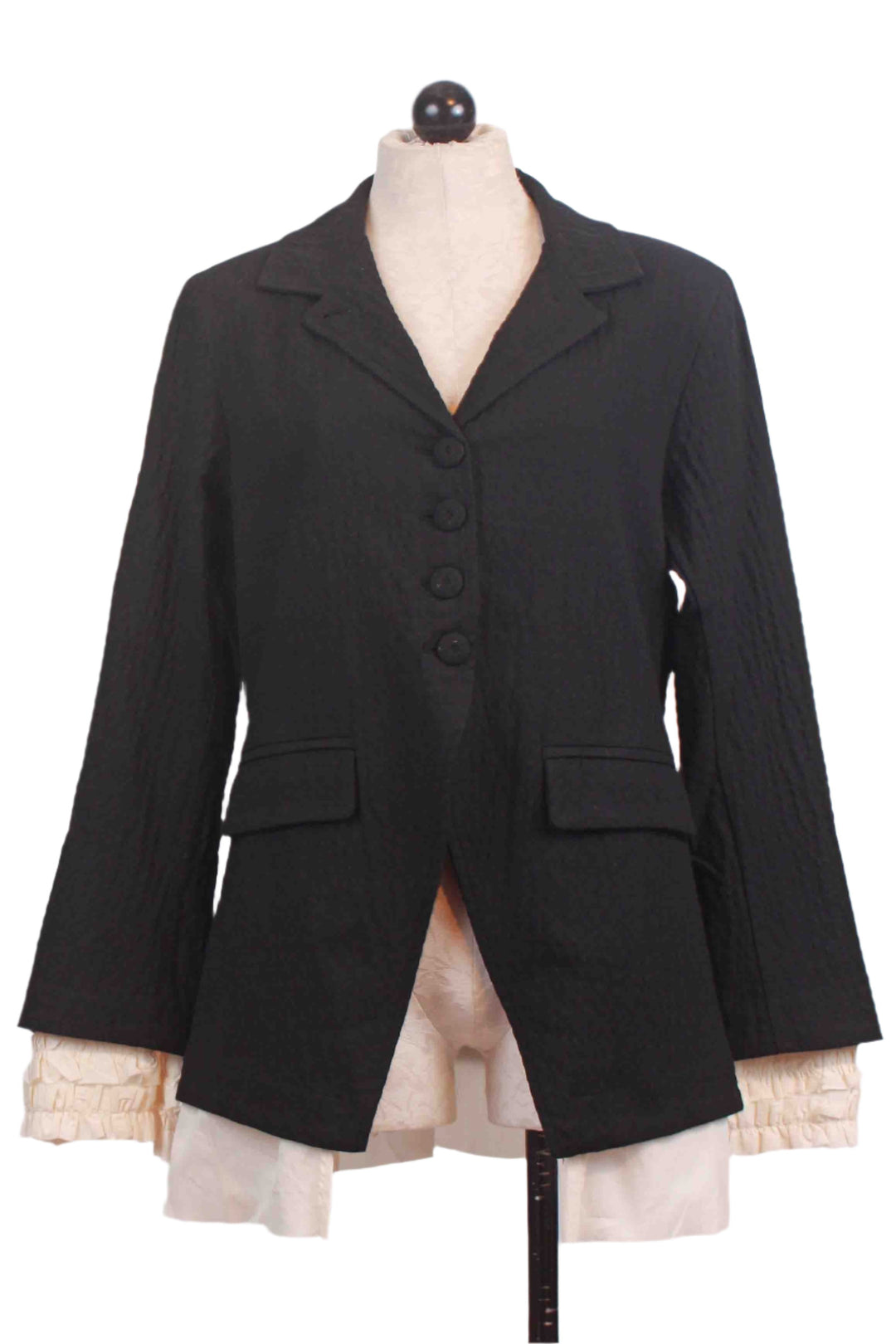 Black Embossed Jacket with Layered Ivory Sleeve Ruffle by Baci
