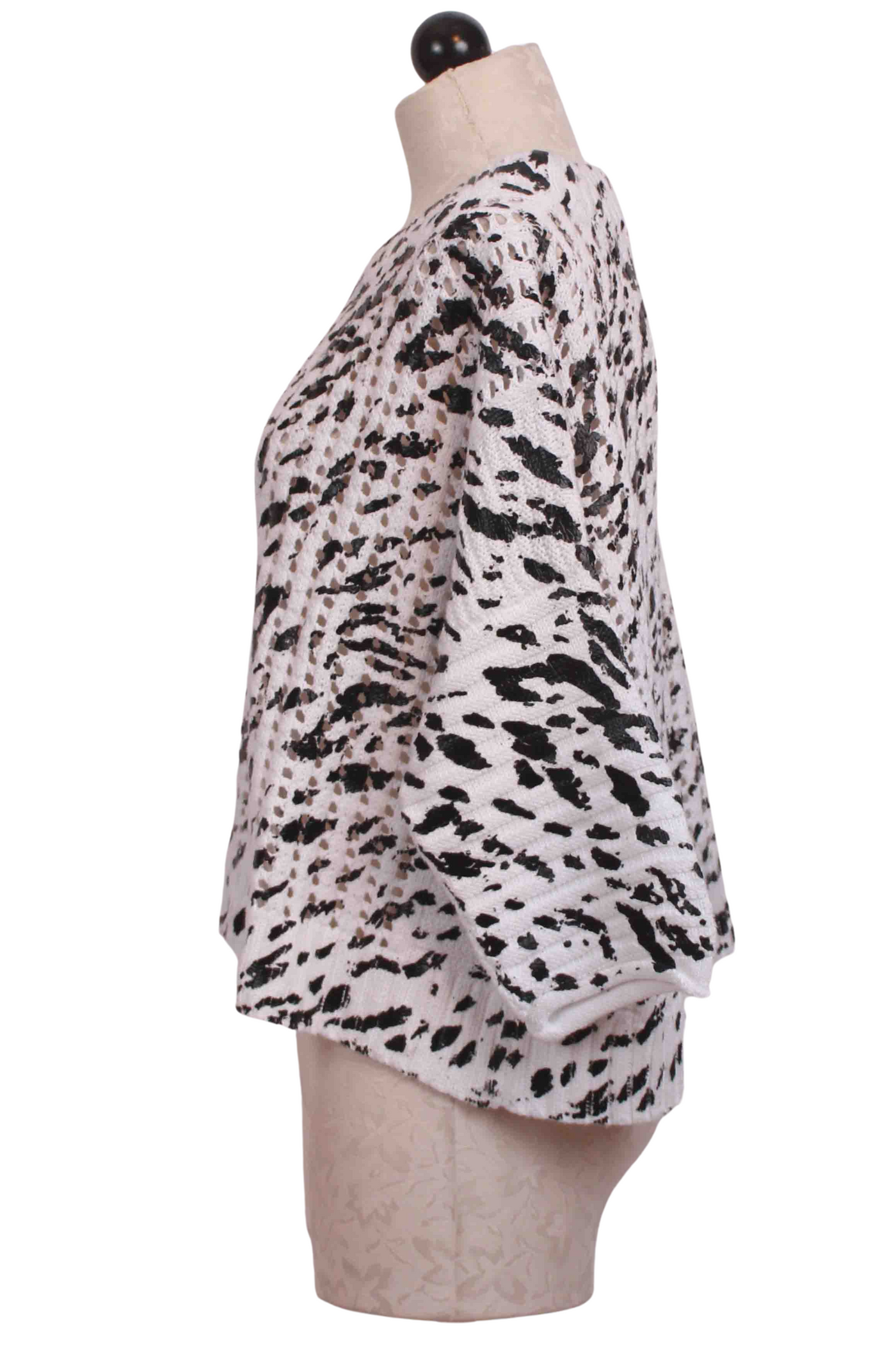 side view of Black and White Dalmation Boatneck Sweater by Planet