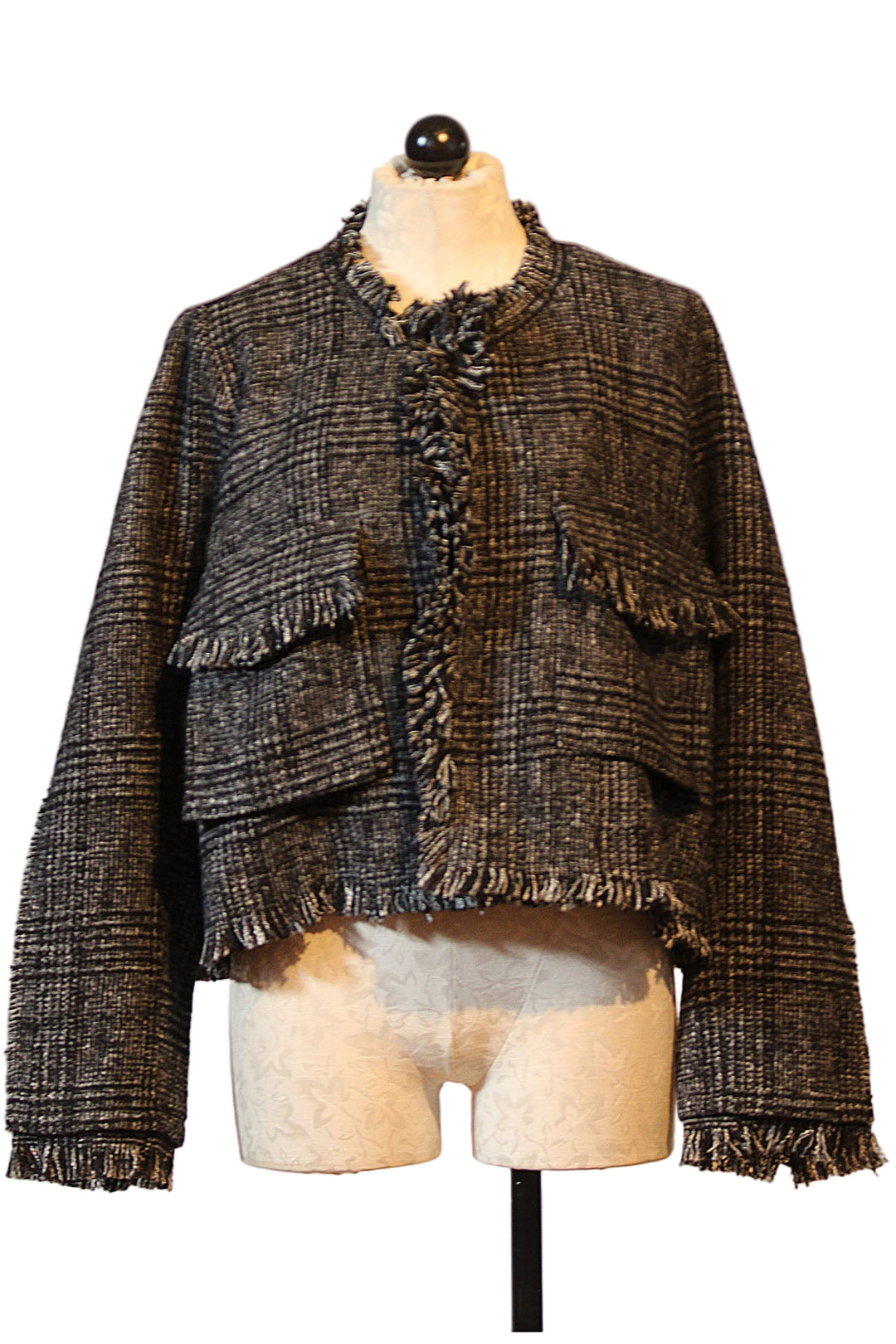 Black and White Tweed Jacket by Moyuru with fringed edging and solid Black Back