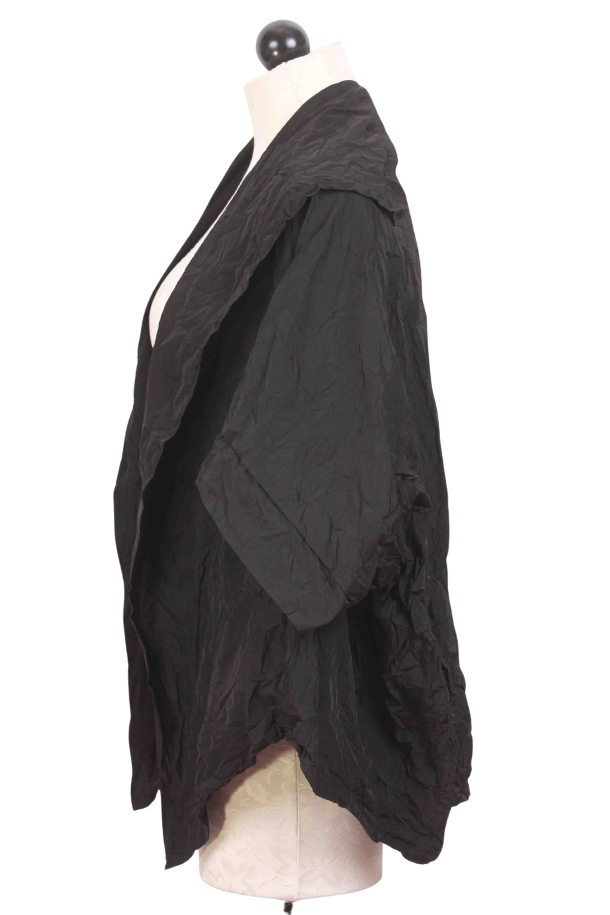 side view of black Short Sleeve Crinkle Open Front Jacket by Reina Lee