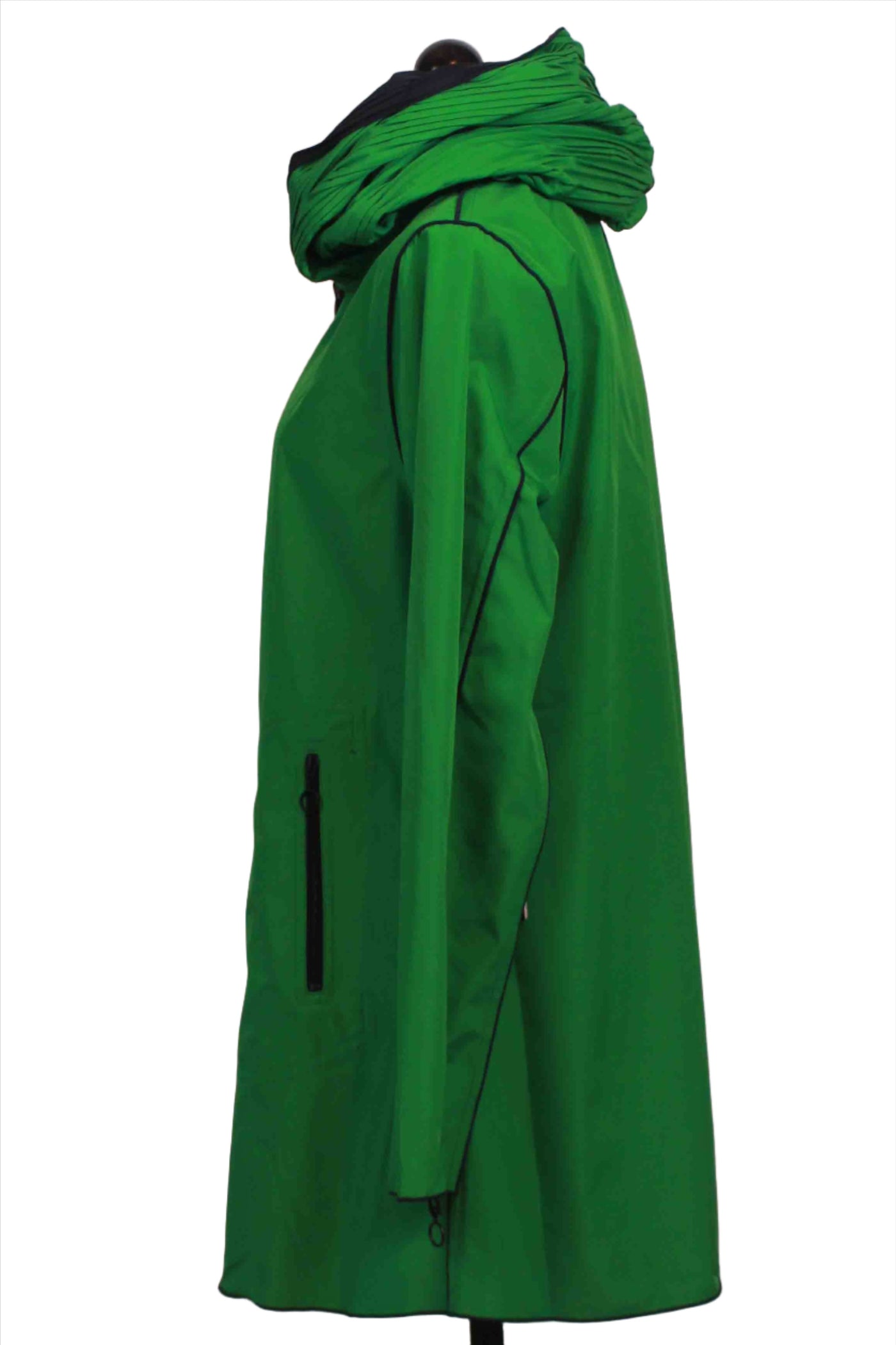 Side view of Green/Navy Reversible Pleated Hood/Collar Zip Front Parisian Jacket by UBU