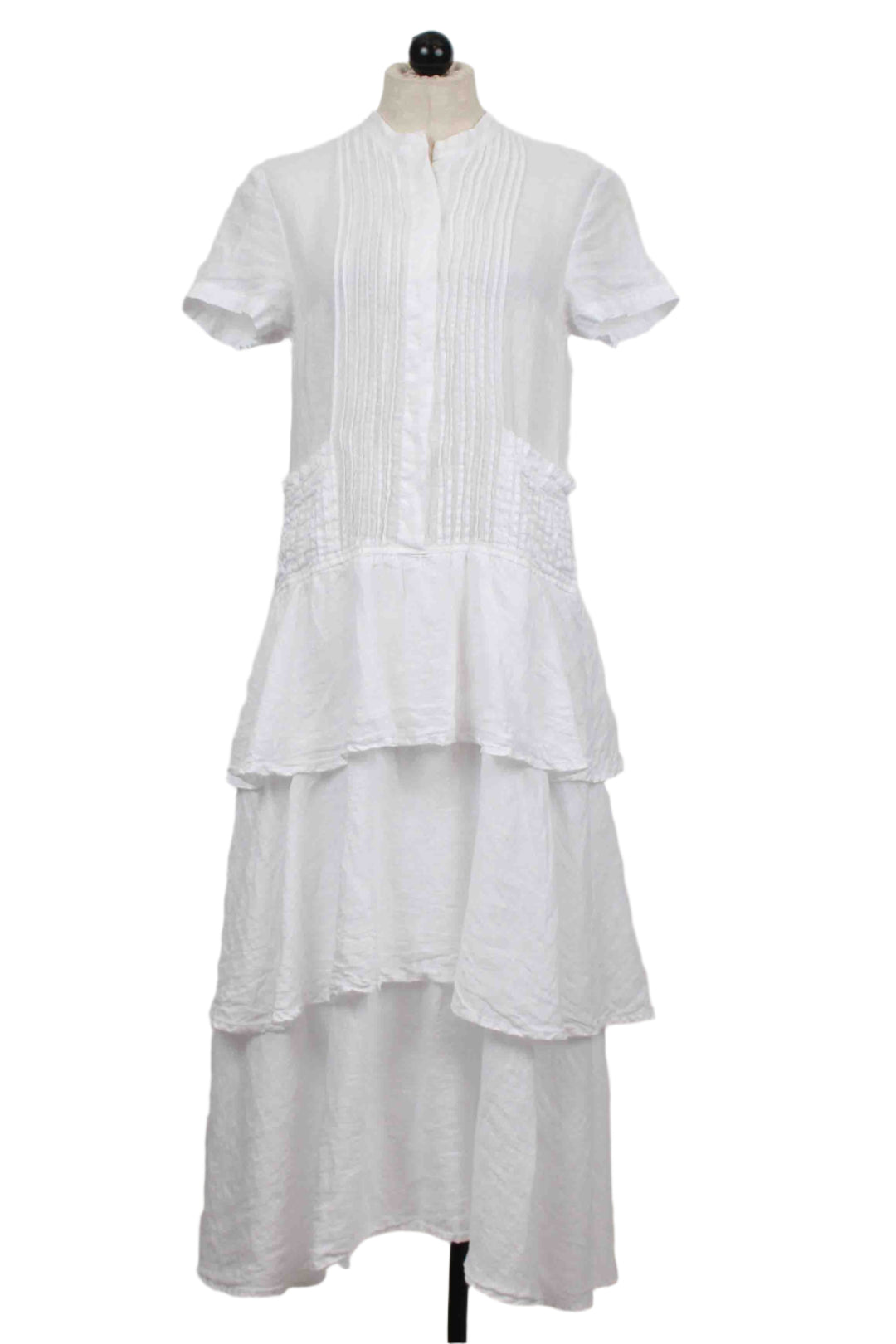 White Short Sleeve Linen Pleated Front Dress with Tiered Skirt by Grizas 