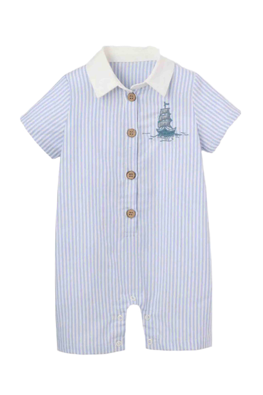 Light Blue and White Boat Embroidered Oxford Stripe Shortall by Elegant Baby with a white collar