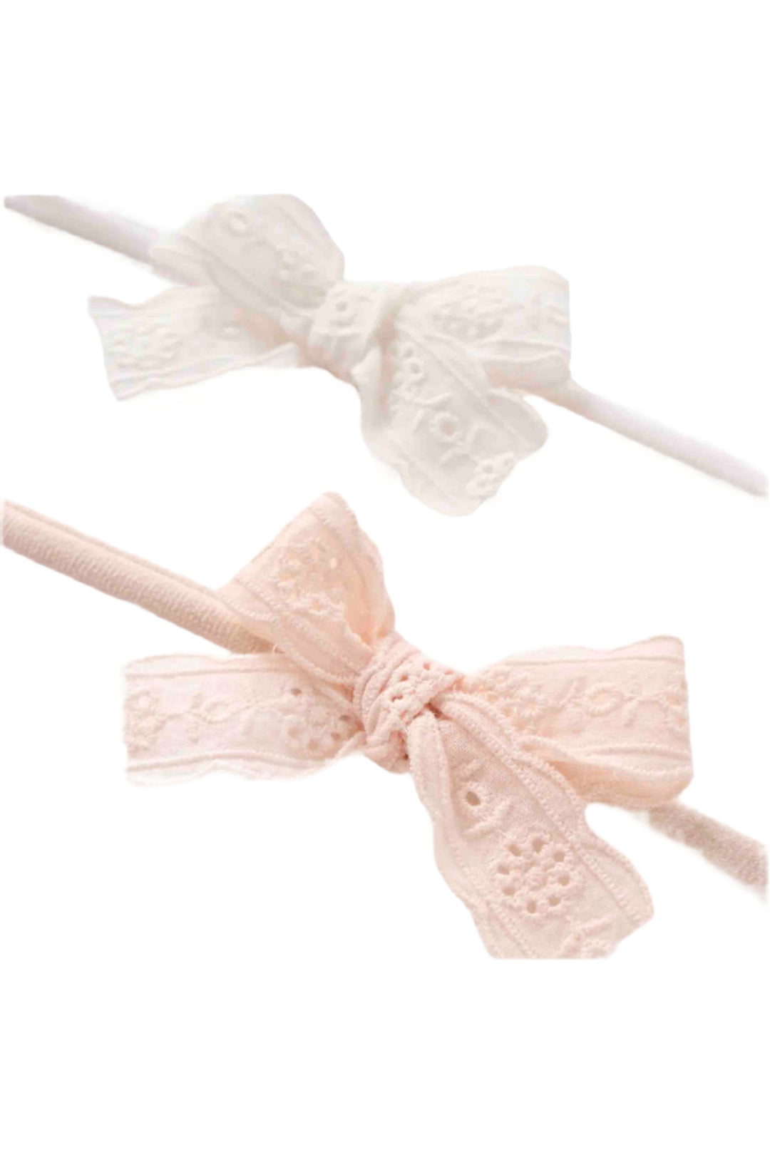 Soft Pink/White Eyelet Lace Bow Headband 2 Pk by Elegant Baby with a nylon band