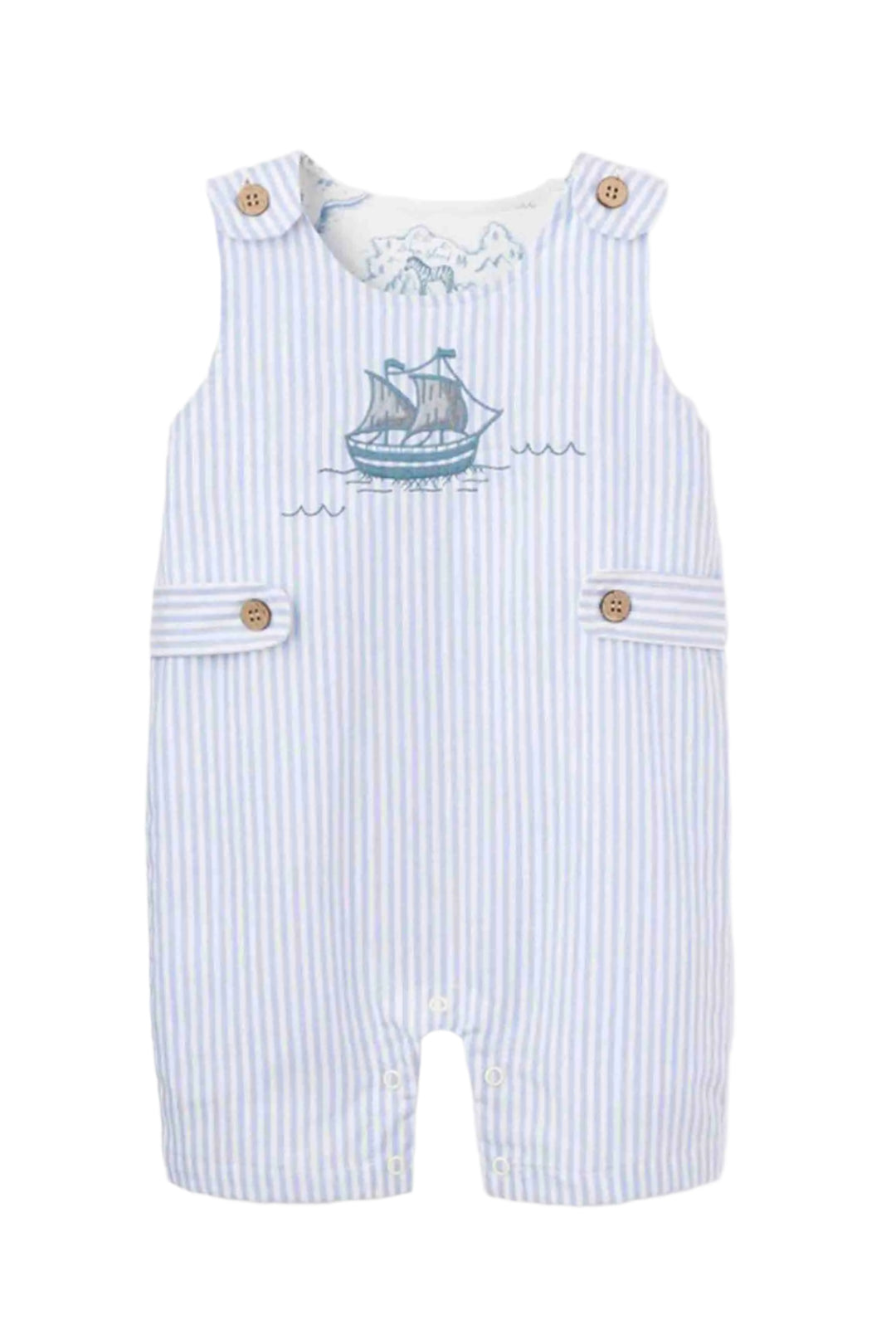 Light Blue and White Oxford Stripe Sea Embroidered Jumpsuit by Elegant Baby