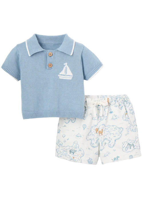 Blue and White Nautical Knit Polo with Explorer Map Print Shorts by Elegant Baby