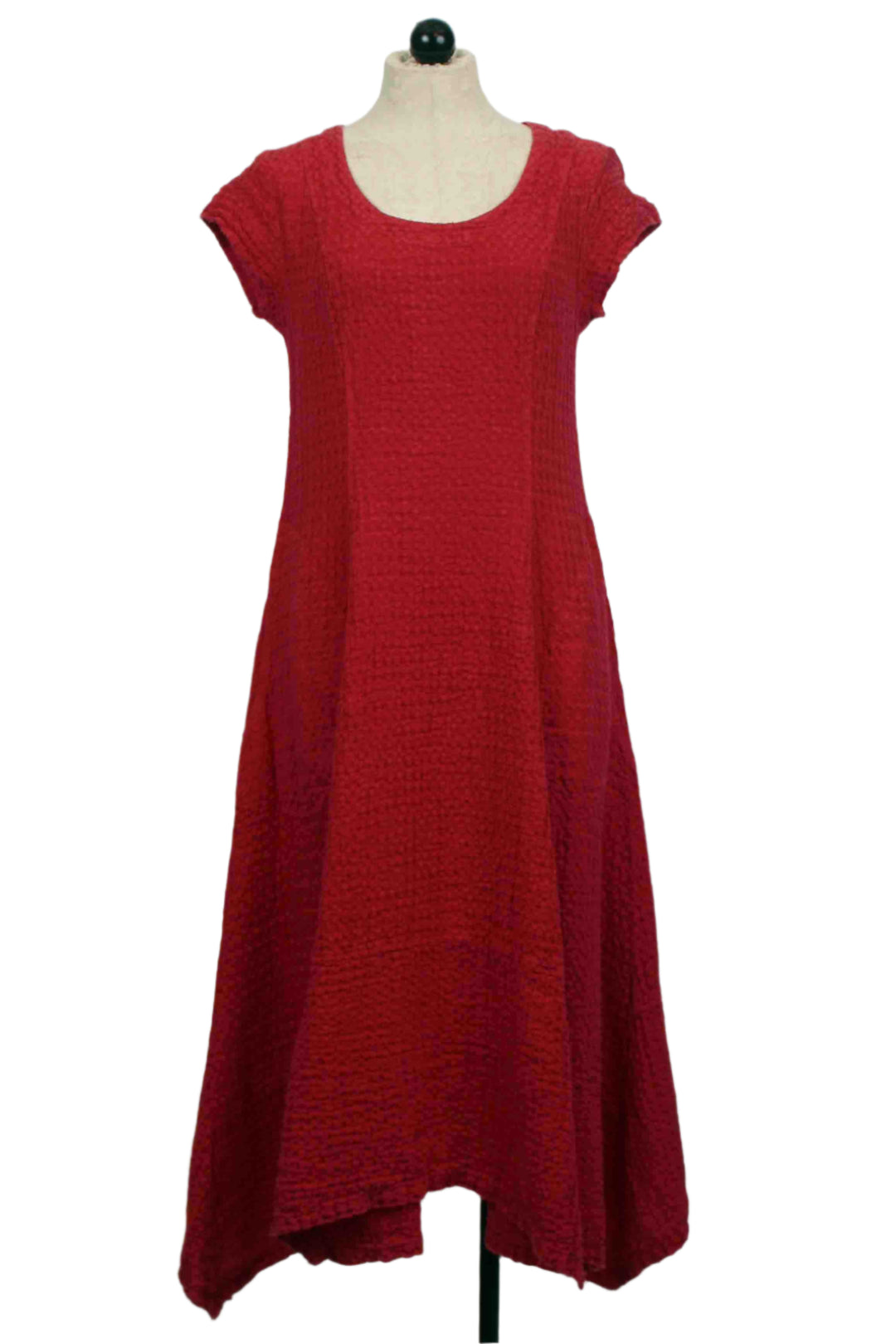 Raspberry Short Sleeve Flared Textured Linen Dress by Grizas