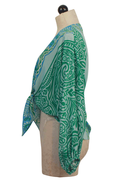 side view of Vert colored Tie Front Coaster Blouse by Valerie Khalon