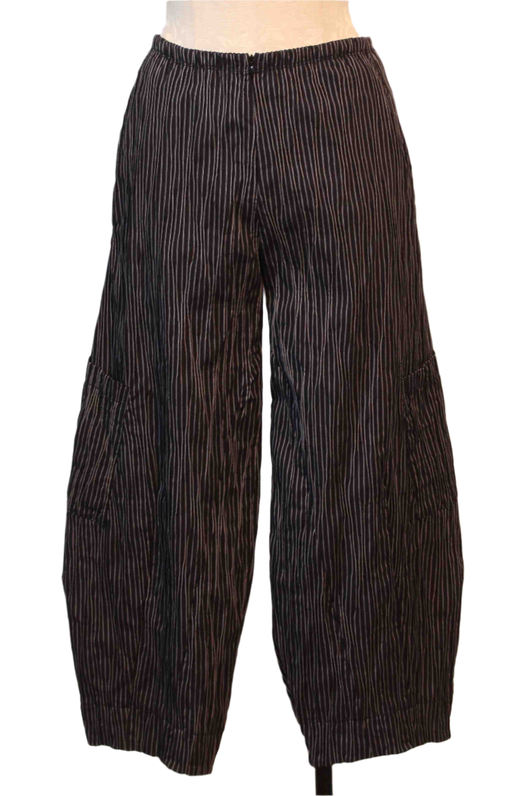 cropped Digby Crop Pant by Porto in a black crinkled white stripe Japanese fabric