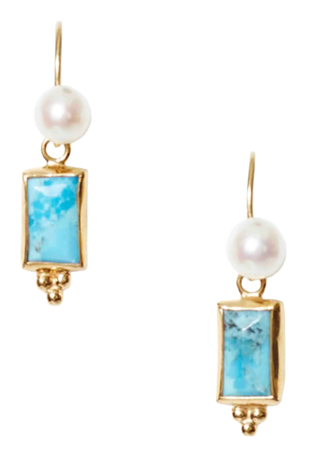 Bezel wrapped turquoise and freshwater pearl earrings by Chan Luu on 18K gold plated sterling silver French hooks. 