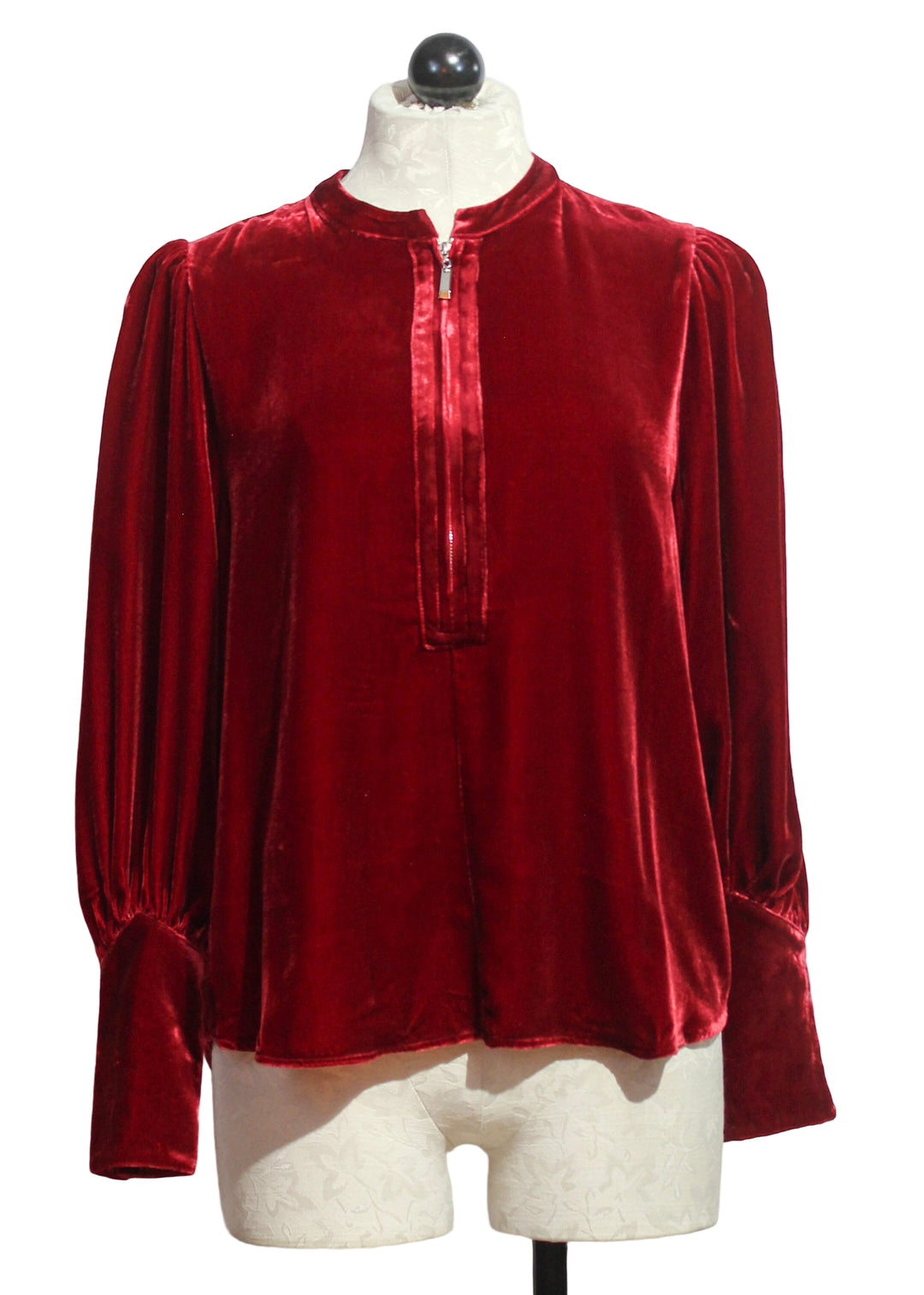 Red Silk Velvet Zip Front Blouse by Jessie Liu