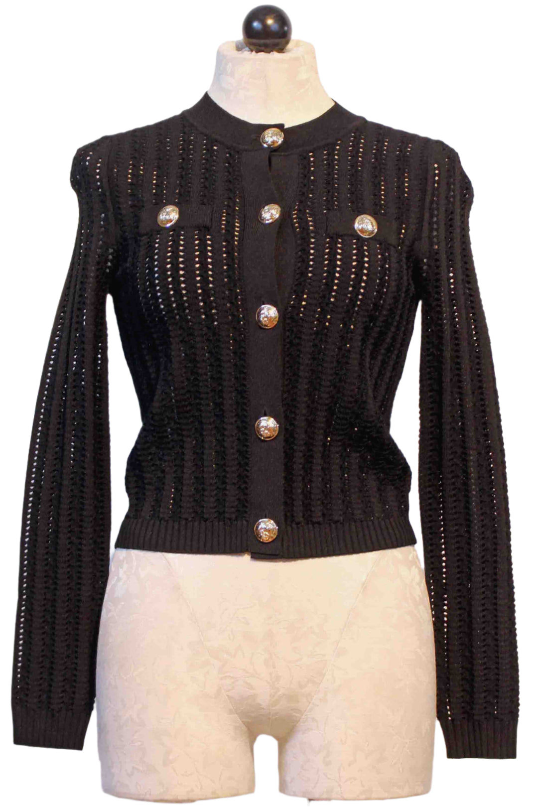 Black MGECKO Open Weave Cardigan with Gold Buttons by Berenice