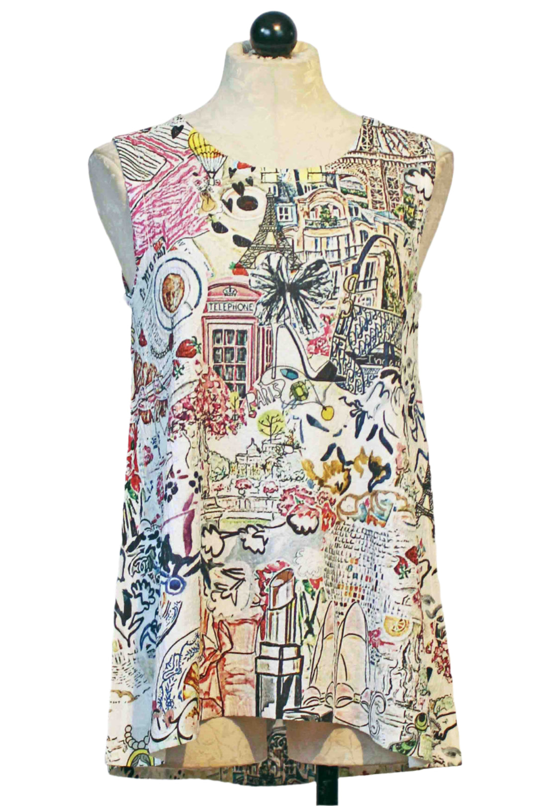 White Multicolored A Day In Paris Sleeveless Hi-Lo Tank Top by Inoah