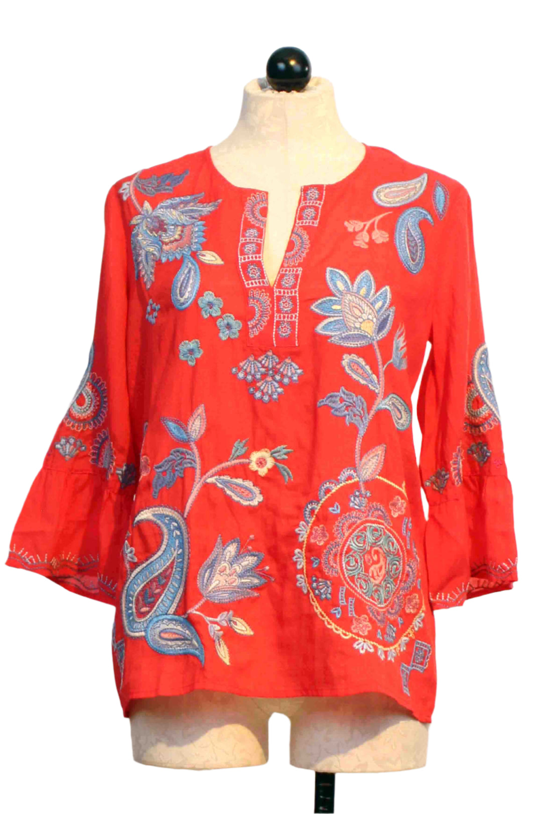 Watermelon Colored Embroidered Neilly Ruffle Sleeve Blouse by Johnny Was