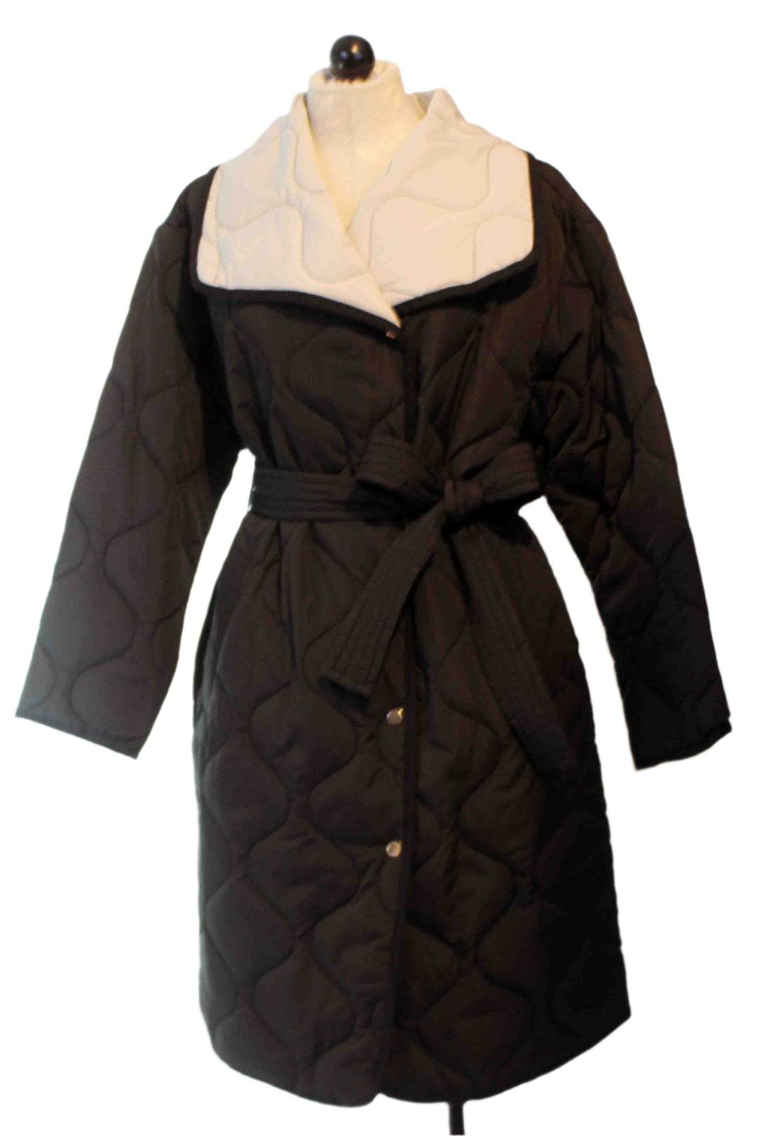 black and cream Quilted Snap Front Trench by Nikki Jones