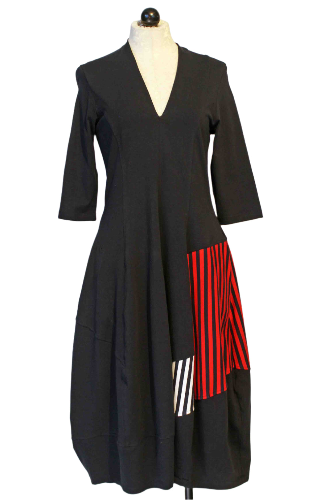 Navy Stripe Mix Dress by Alembika jersey knit dress with a panel of red and white stripes near the left side pocket