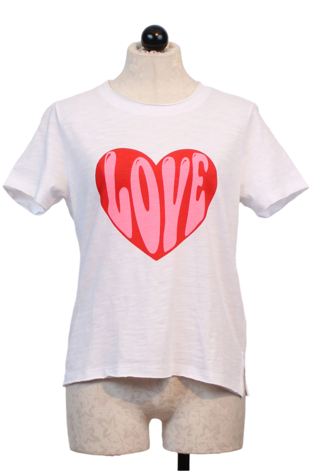 White t-shirt with a red heart and 'LOVE' text on a mannequin against a white background