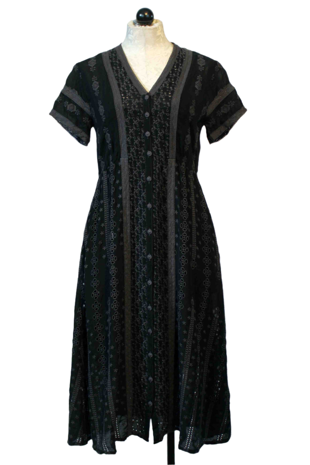 Black Short Sleeve V Neck Button Down Embroidered Tilda Dress by Johnny Was
