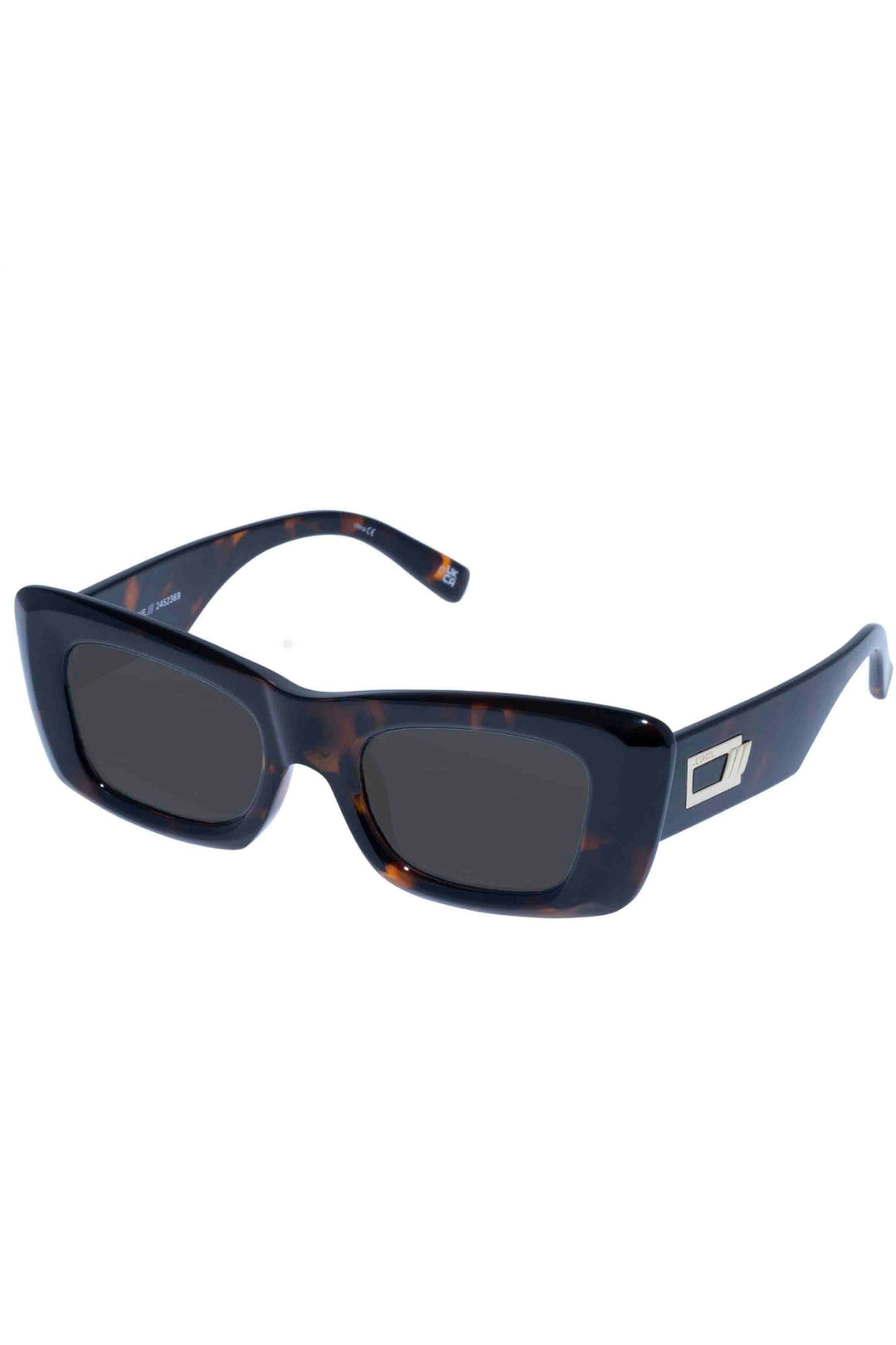 Classic Dark Tortoise Dopamine Sunglasses by Le Specs with bright gold hardware detailing and grey lenses