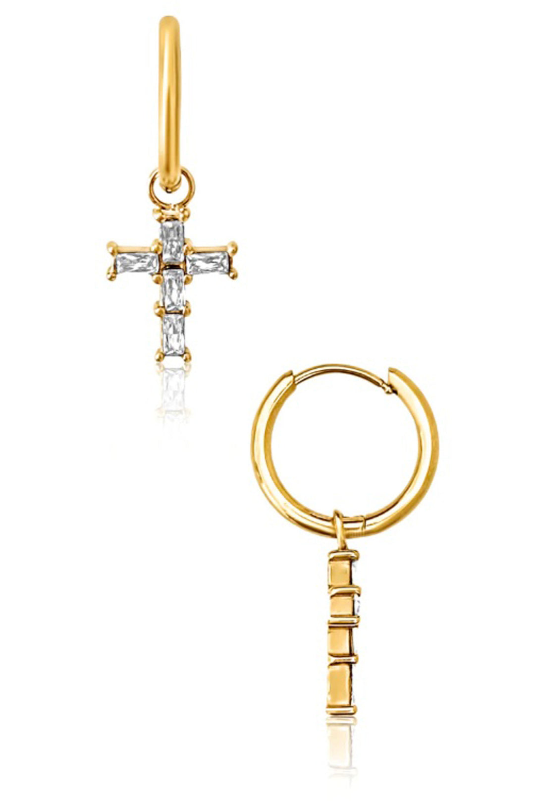 Gold Plated Taran Baguette Cross Huggie Hoop Earring by Ellie Vail