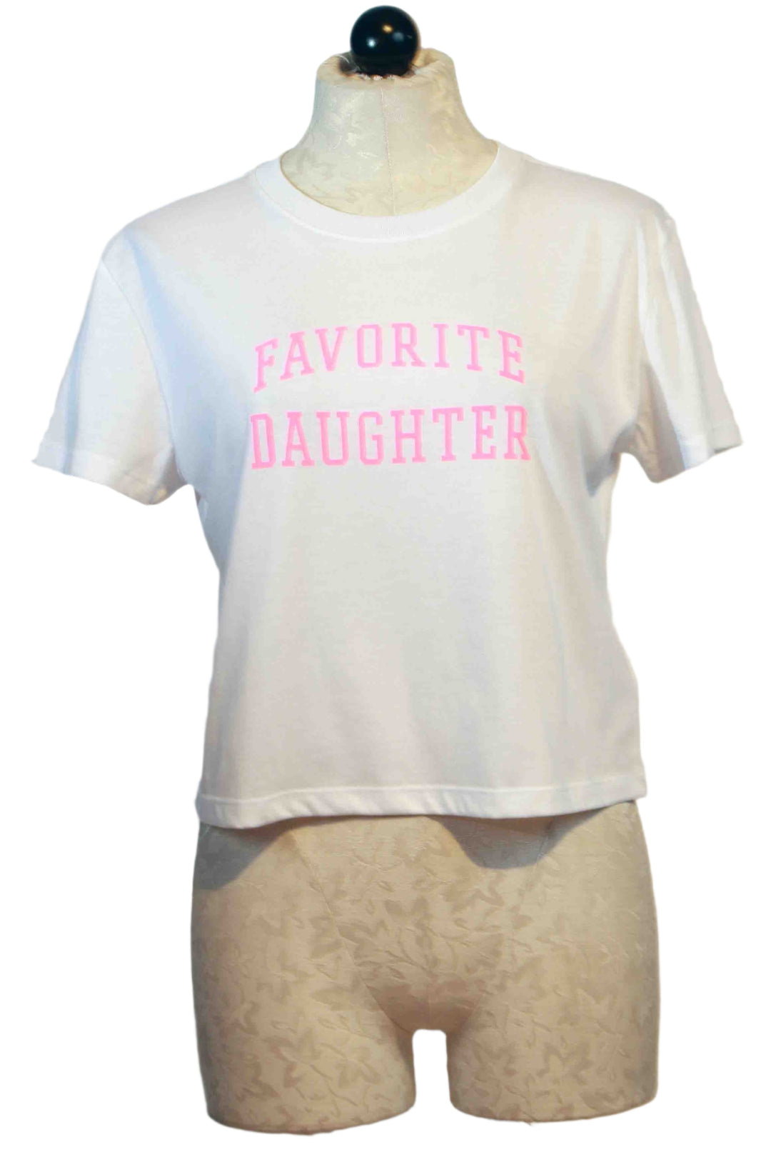 White with Neon Pink Cropped Collegiate Tee by Favorite Daughter