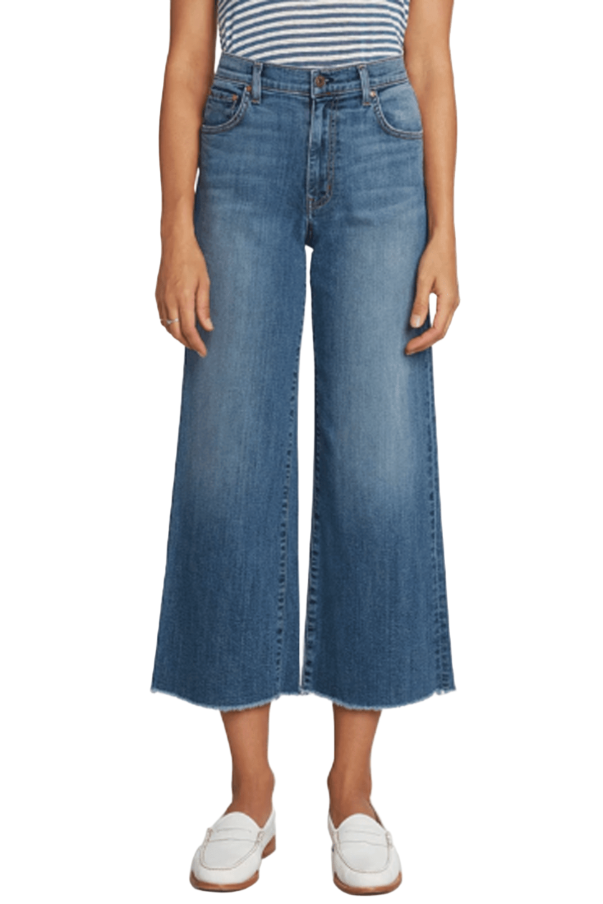 High Rise Nomad Jean with a cropped wide leg in the Medium Turn the Tide Vintage Wash by Principle Denim