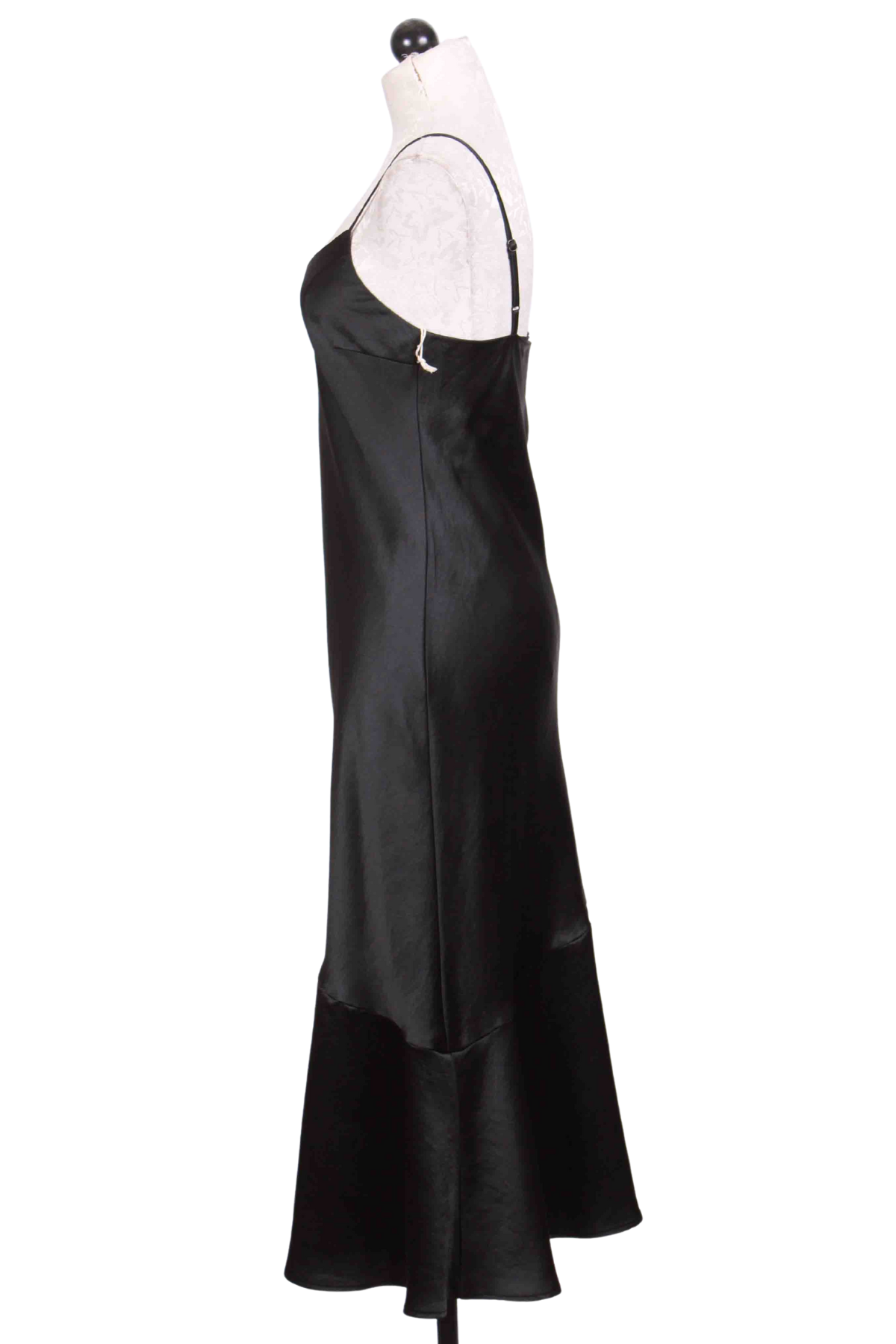 side view of black Satin Asymmetric Hem Midi Dress by Fifteen Twenty