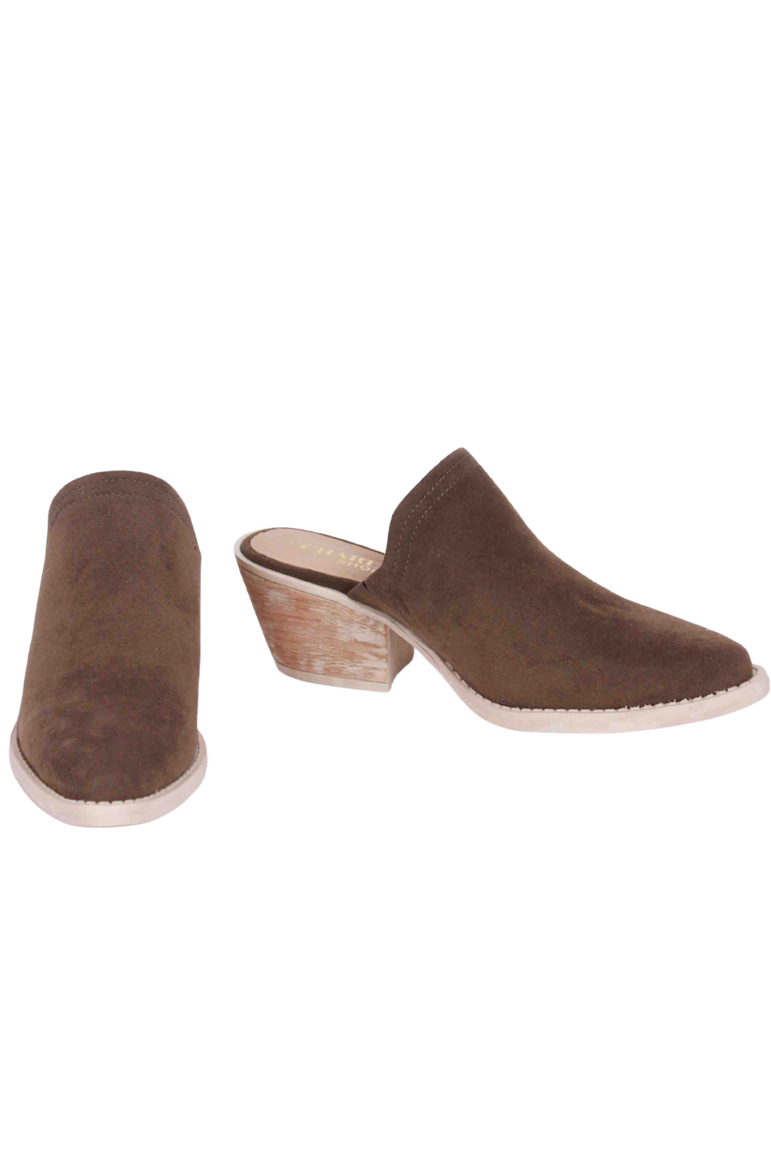 Side view of Olive Tahoe Suede Mule by Charleston Shoes