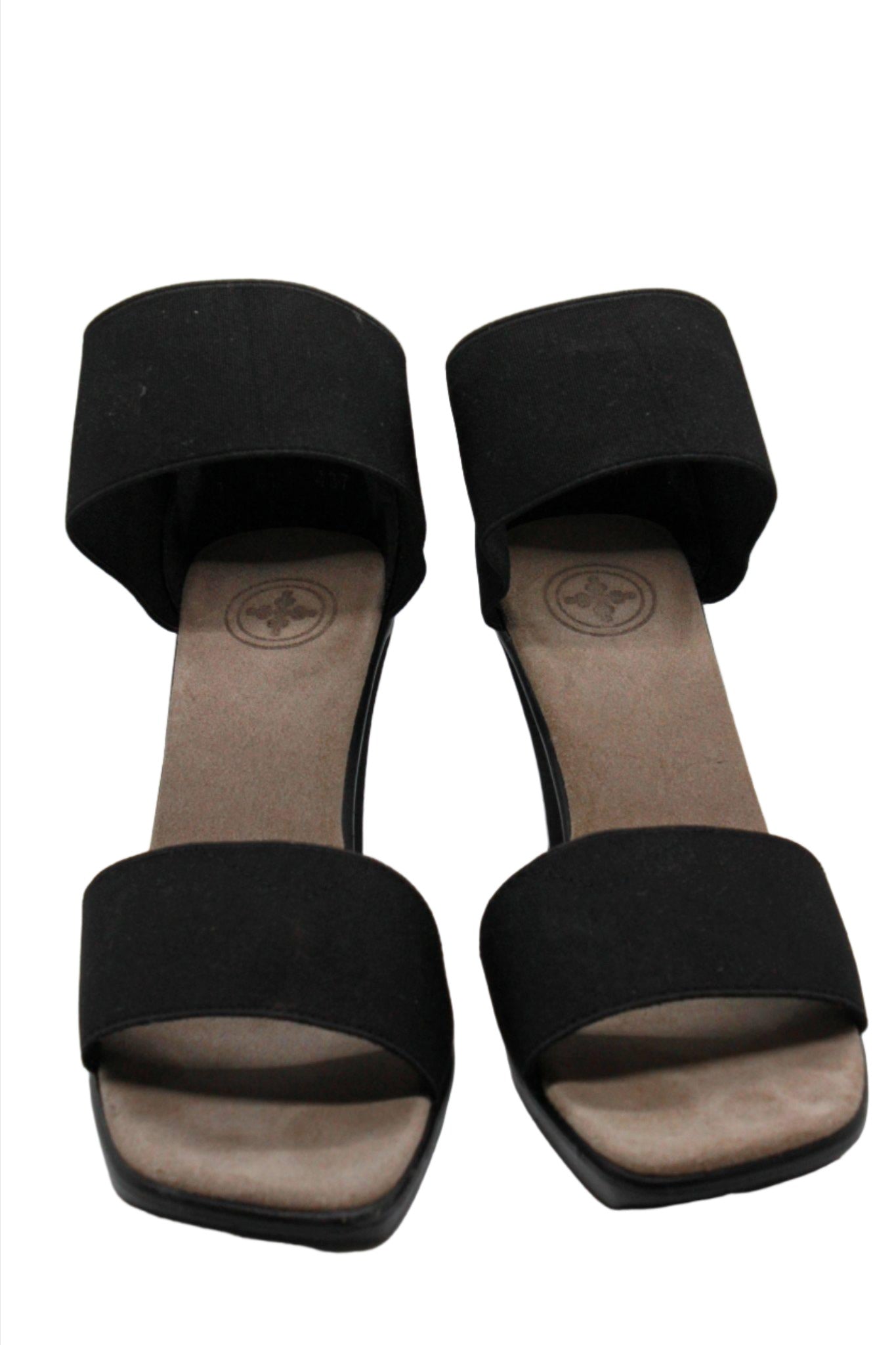 black cocktail sandal by Charleston Shoes with a 3 1/2" heel and a wide stretch upper toe band and ankle straps with a closed back