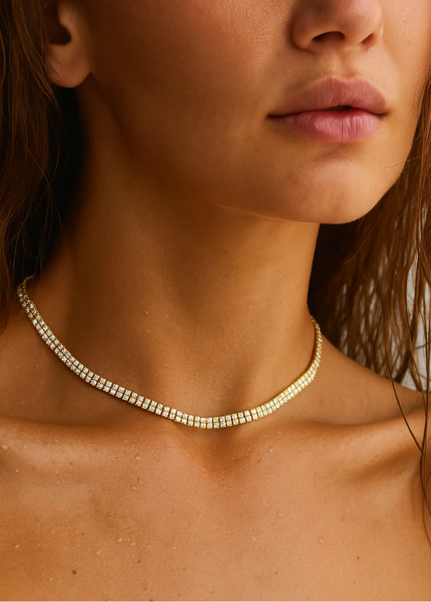 Model wearing the Gold and CZ Rosie Double Tennis Choker Necklace by Ellie Vail 