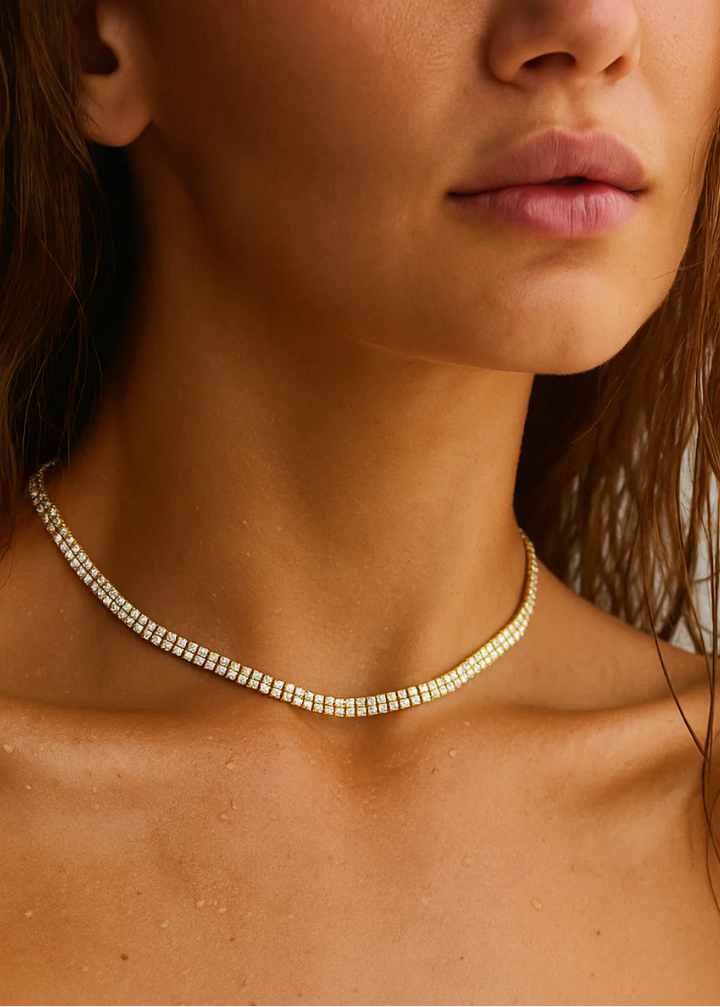 Model wearing the Gold and CZ Rosie Double Tennis Choker Necklace by Ellie Vail 