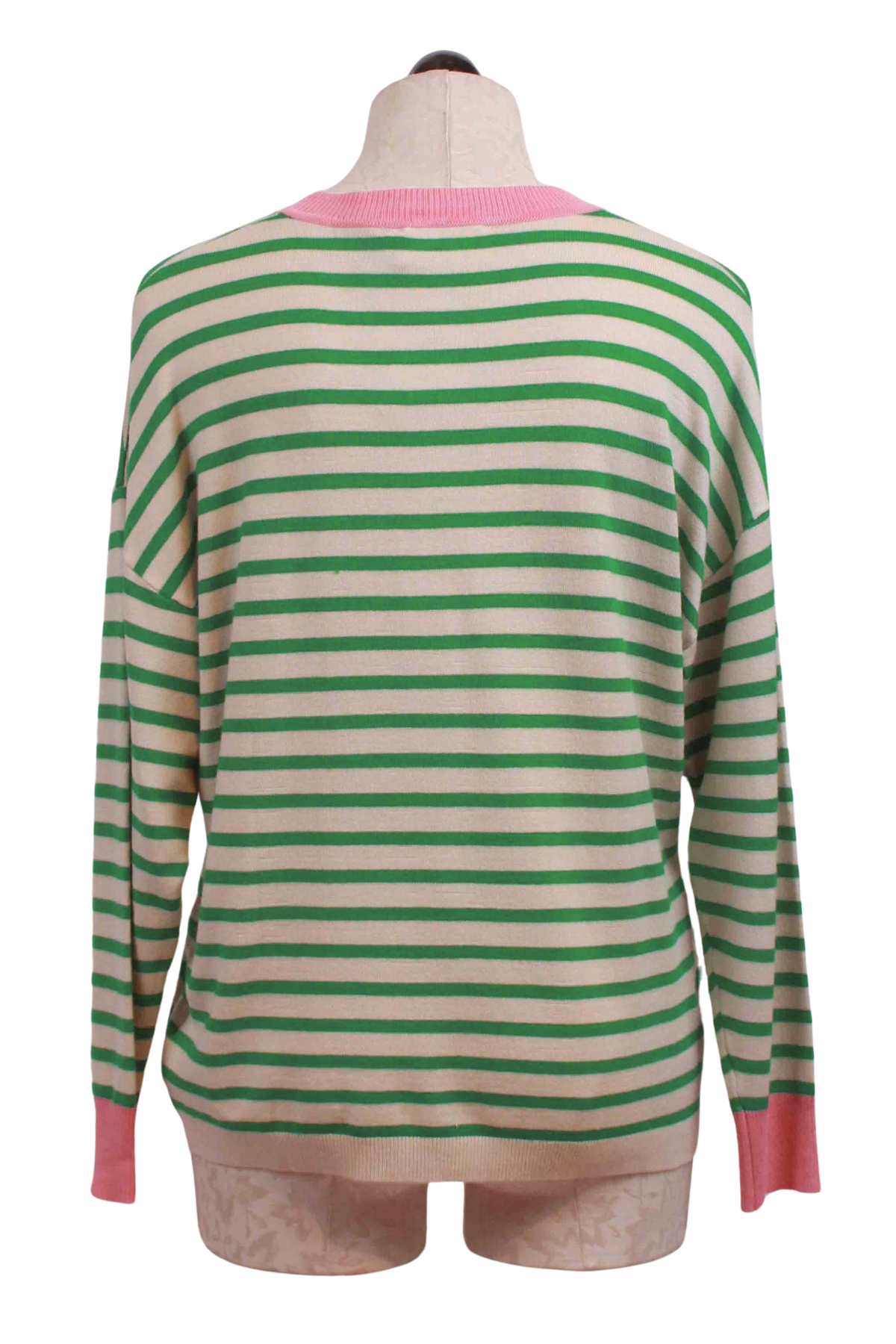 back view of Green and Ivory Oversized Striped Sweater by Compania Fantastic with Pink trim