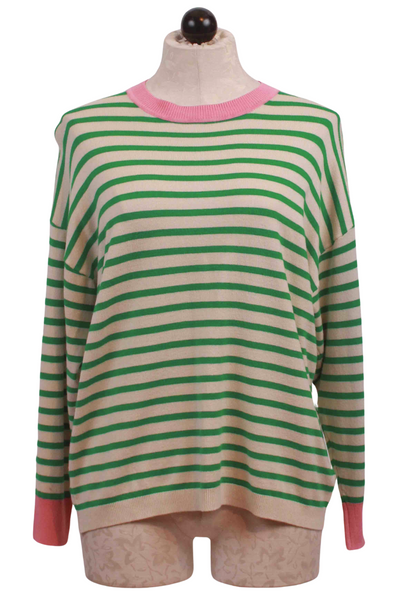 Green and Ivory Oversized Striped Sweater by Compania Fantastic with Pink trim