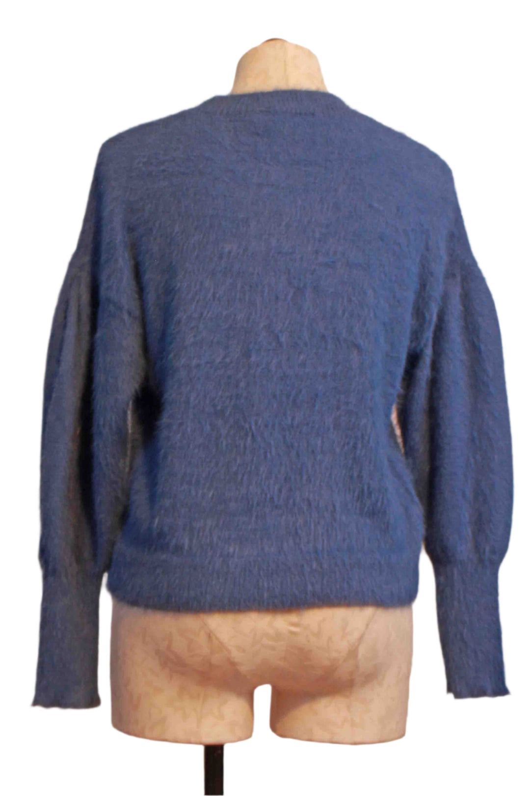 back view of blue Fuzzy Blouson Sleeve Sweater by Compania Fantastica