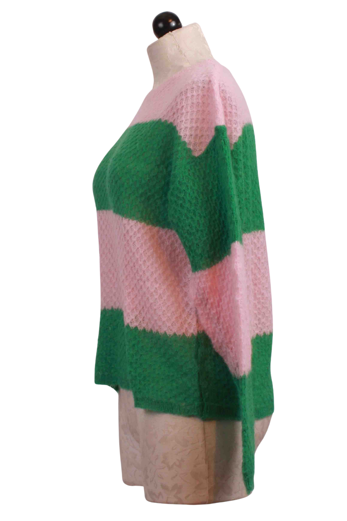 side view of Green and Pink Striped Gauzy Sweater by Compania Fantastica