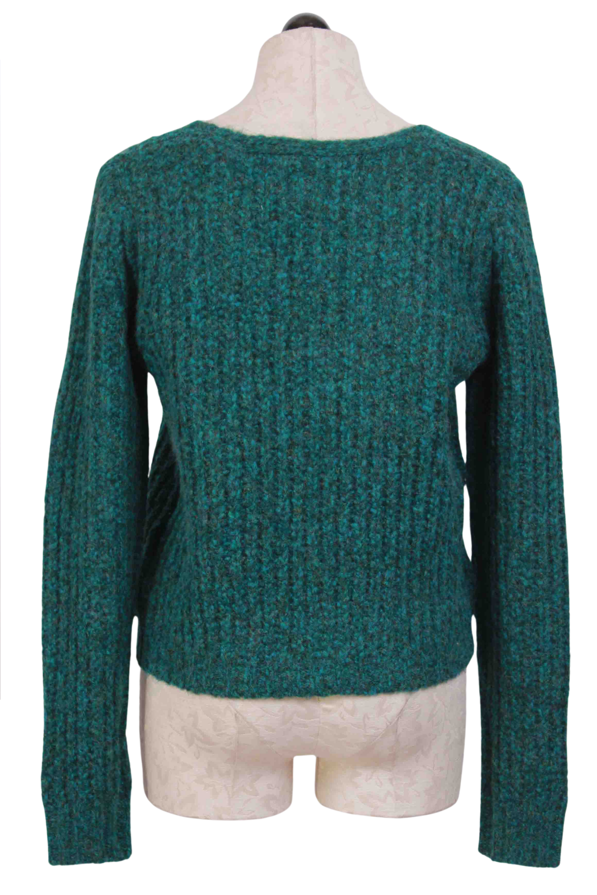 back view of Green V Neck Cable Knit Cardigan by Compania Fantastica