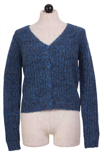 Blue V Neck Cable Knit Cardigan by Compania Fantastica
