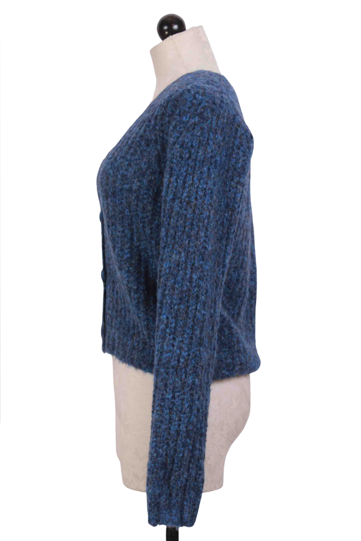 side view of Blue V Neck Cable Knit Cardigan by Compania Fantastica
