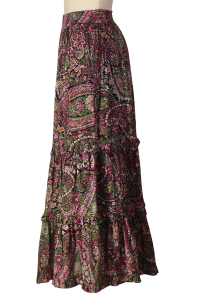 side view of Caymen Paisley Purple Darcy Ankle Skirt by Cleobella