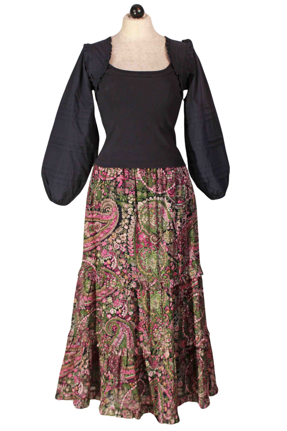 Caymen Paisley Purple Darcy Ankle Skirt by Cleobella paired with the Navy Reba Top by Cleobella