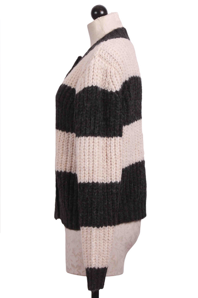 side view of Charcoal Grey and Ivory Wide Stripe Cardigan by Compania Fantastica