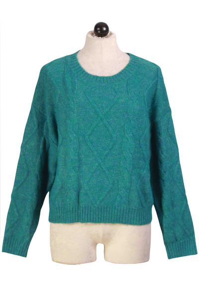 Teal blue Cropped Cable Knit Pullover Sweater by Compania Fantastica