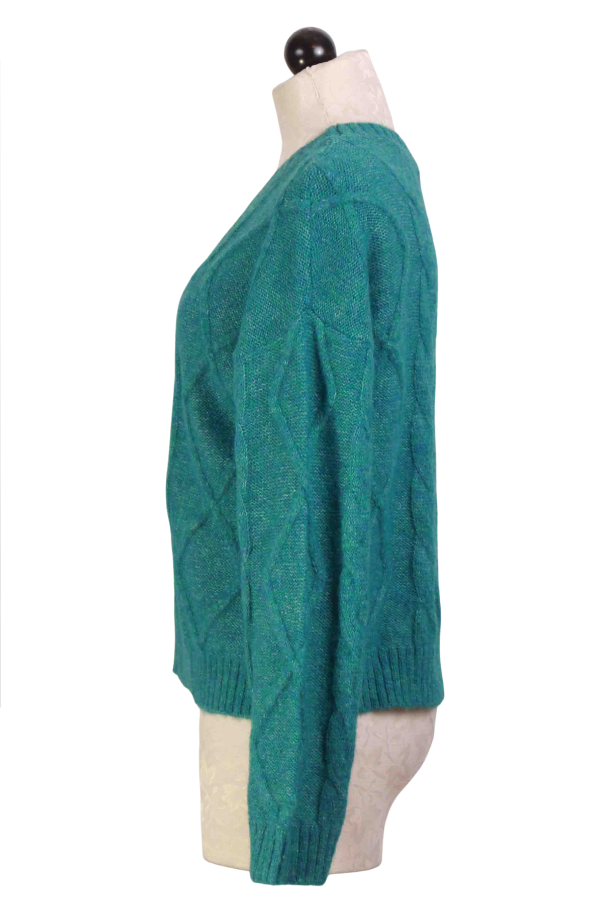 side view of Teal blue Cropped Cable Knit Pullover Sweater by Compania Fantastica