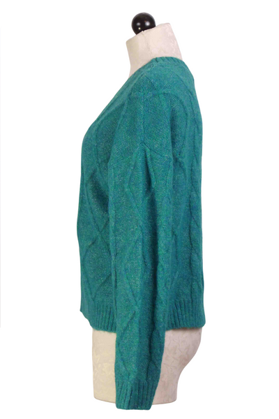 side view of Teal blue Cropped Cable Knit Pullover Sweater by Compania Fantastica