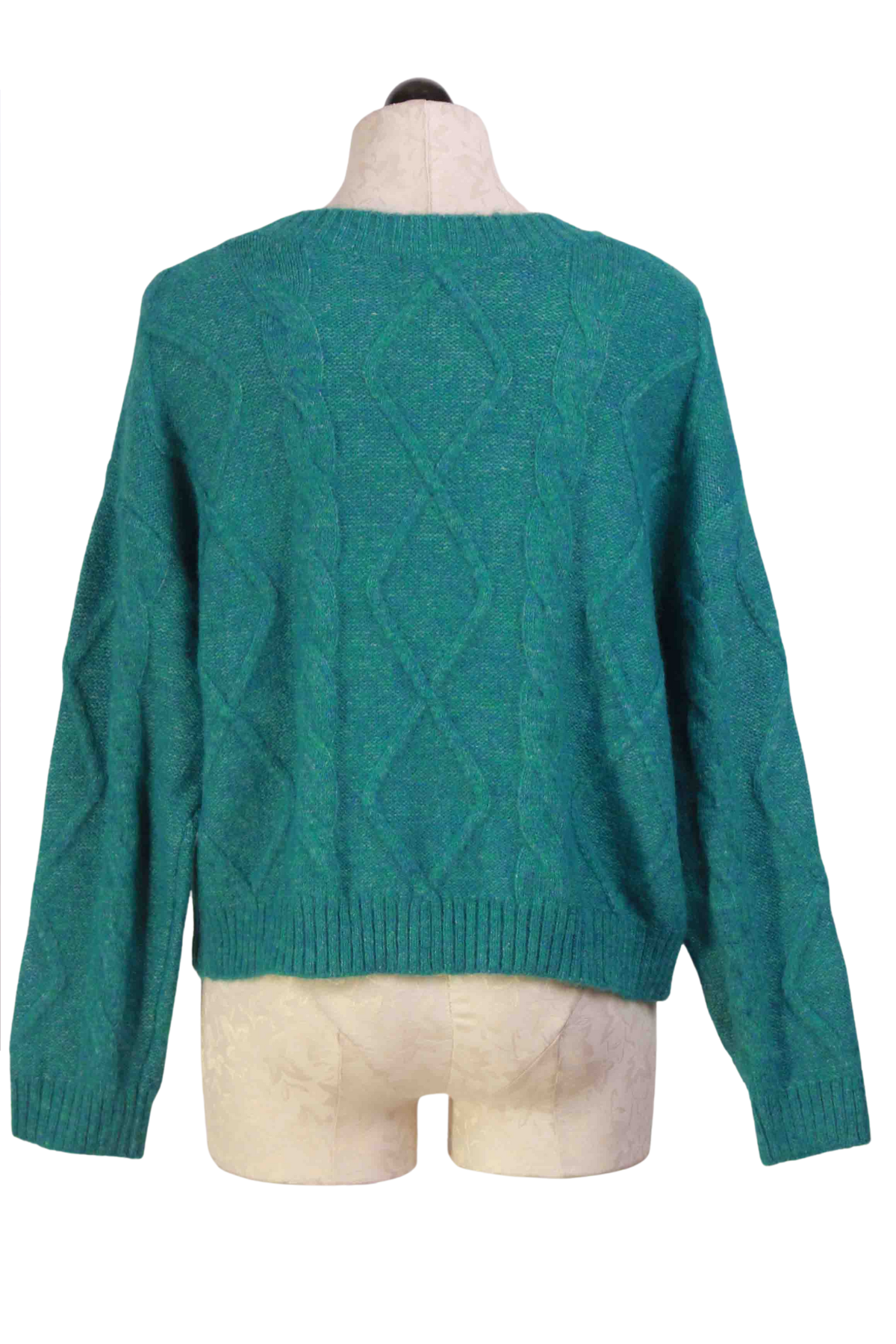 back view of Teal blue Cropped Cable Knit Pullover Sweater by Compania Fantastica