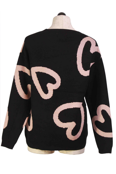 back view of Knit Black Sweater with Big Pink Hearts by Compania Fantastica