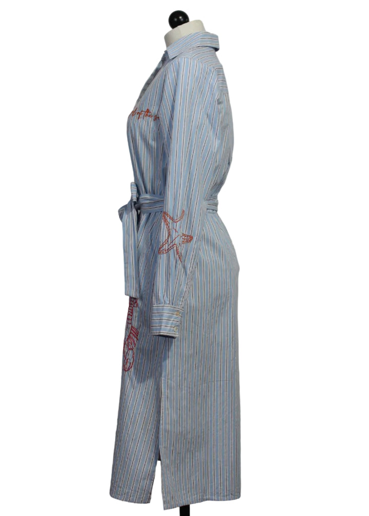 side view of Blue Ribel Striped Dress with "Call of the Sea" Embroidery by MKT Studio