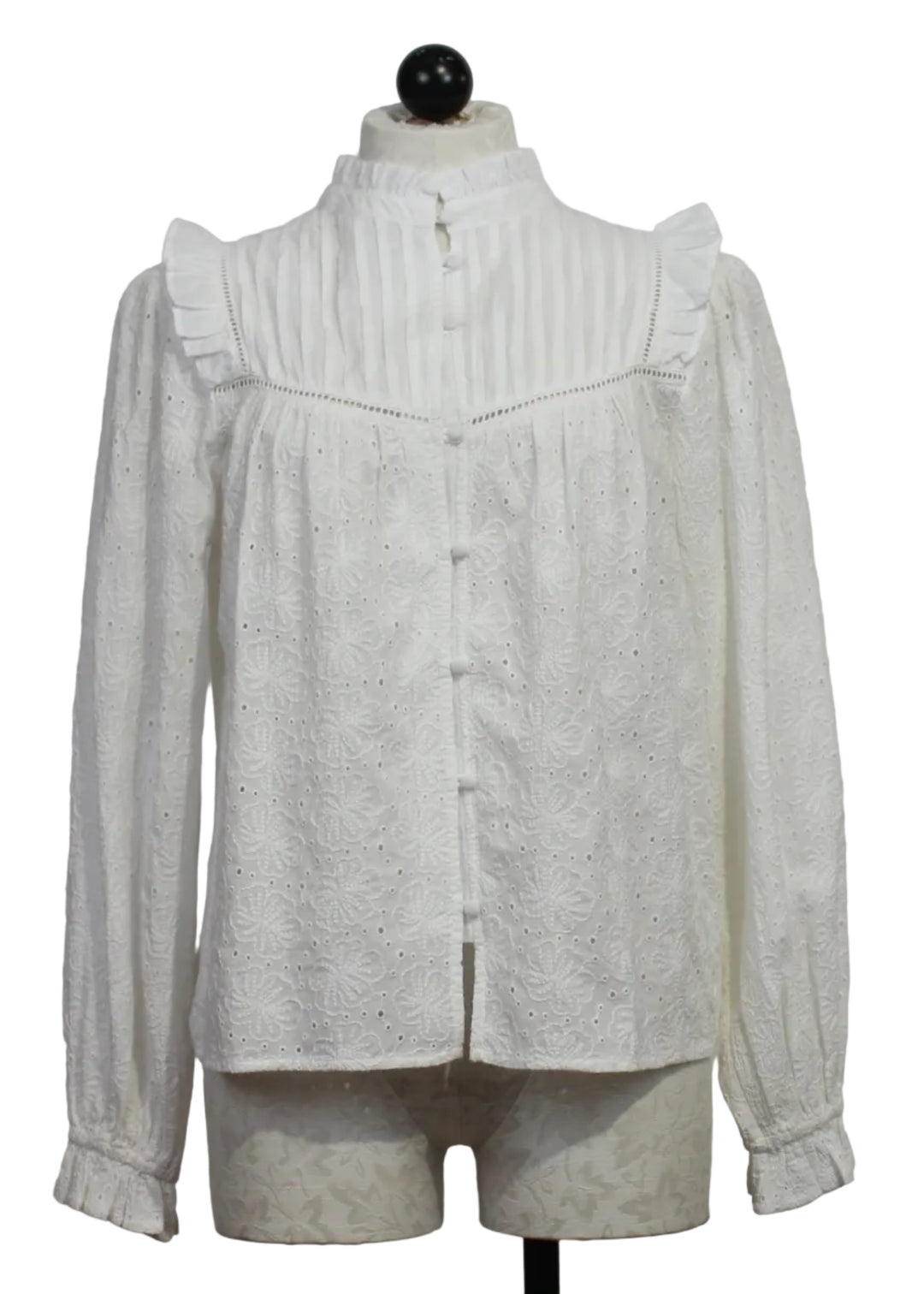 White Embroidered Ruffle Neck and Sleeve Carola Blouse by MKT Studio